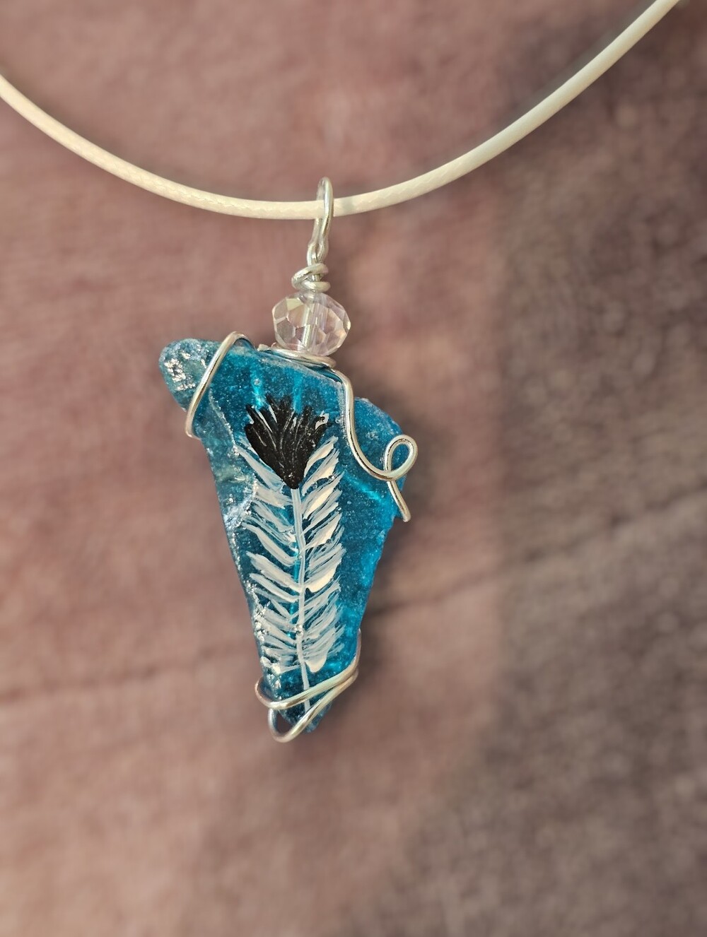 Blue Sea Glass Hand-Painted Feather Pendant Necklace with Silver Wire Wrap white